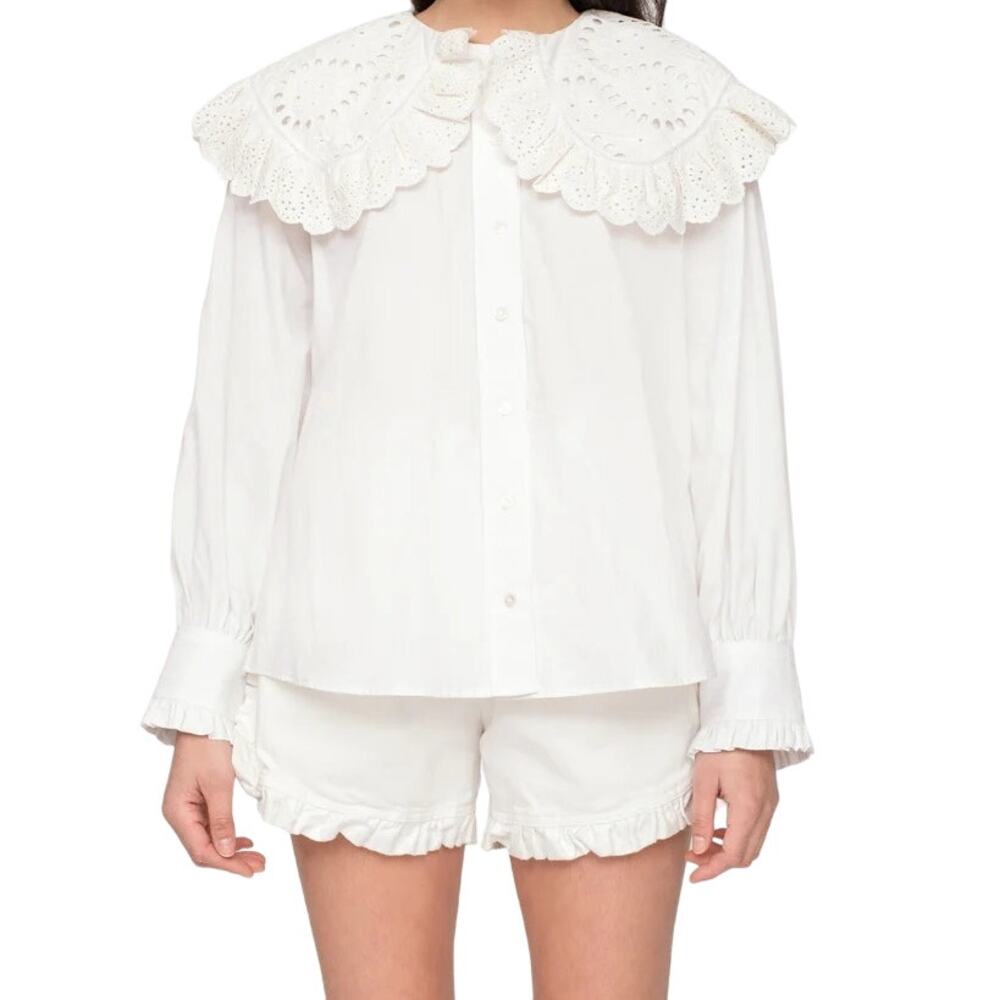 Sea NY Marina Collar Blouse Tiered Scalloped Button Up Long Sleeve Black XS